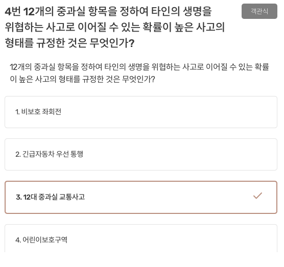 12개의 중과실 항목을 정하여 타인의 생명을 위협하는 사고로 이어질 수 있는 확률이 높은 사고의 형태를 규정한 것은 무엇인가? 